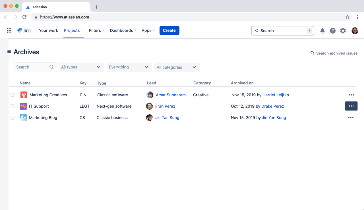 Esempio di archiviazione dei progetti